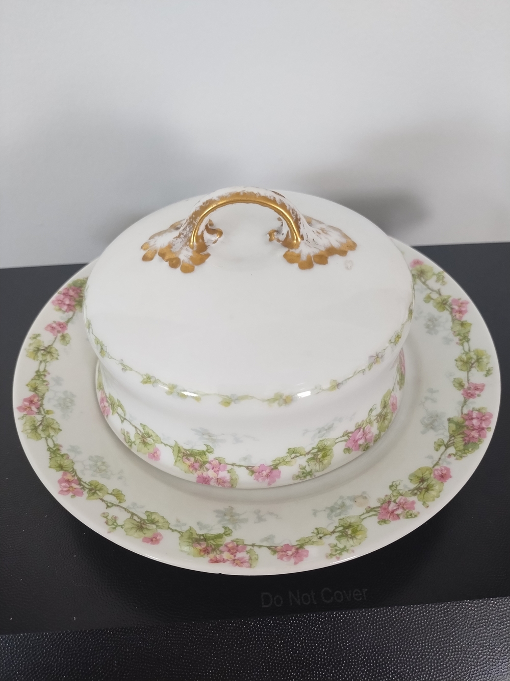 Antique Limoges Porcelain Covered Dish with Pink Floral Vine and Gold Handle